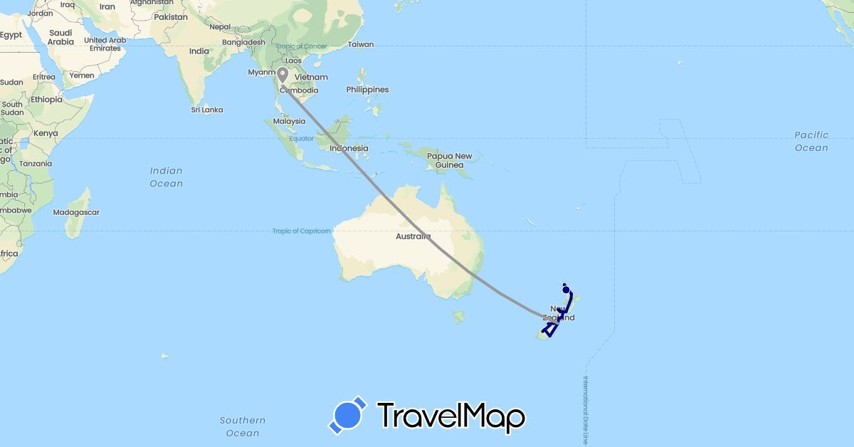 TravelMap itinerary: driving, plane in New Zealand, Thailand (Asia, Oceania)